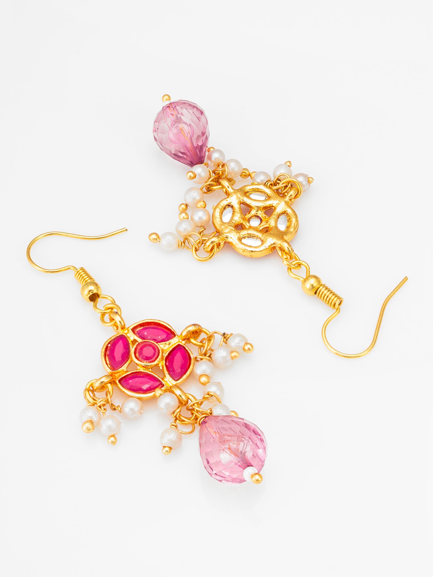 Graceful Pink Stone and Pearl Layered Necklace Set with Drop Earrings