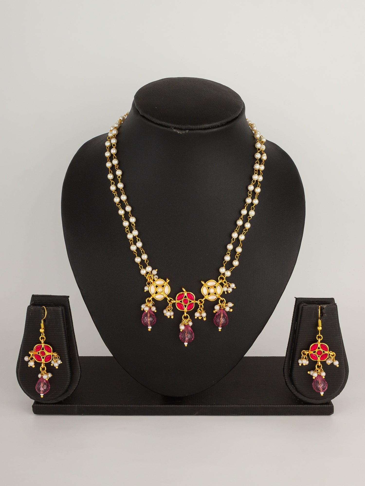 Graceful Pink Stone and Pearl Layered Necklace Set with Drop Earrings
