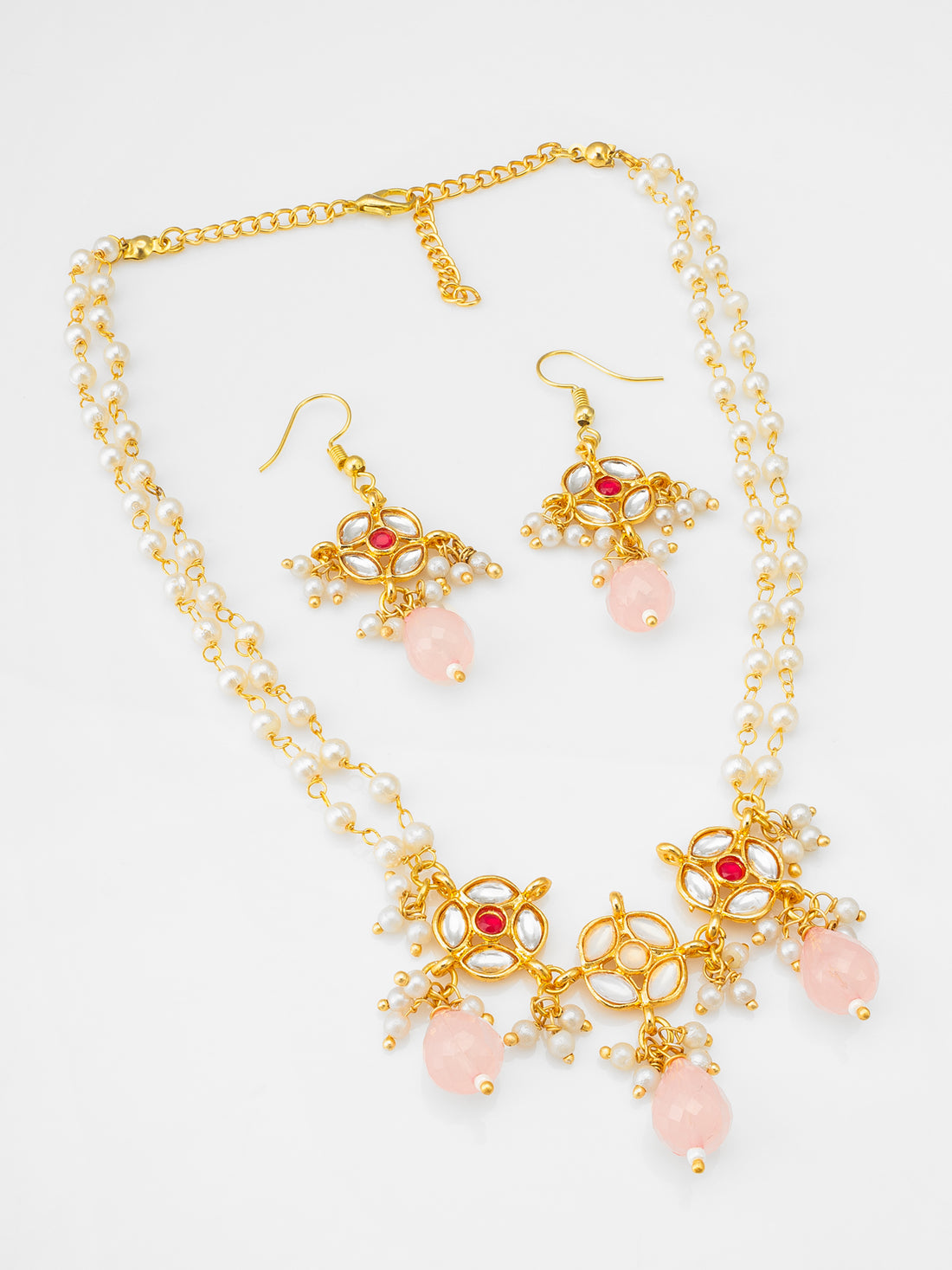 Double-Strand Pearl Necklace Set with Kundan-Style and Rose Pink Drops