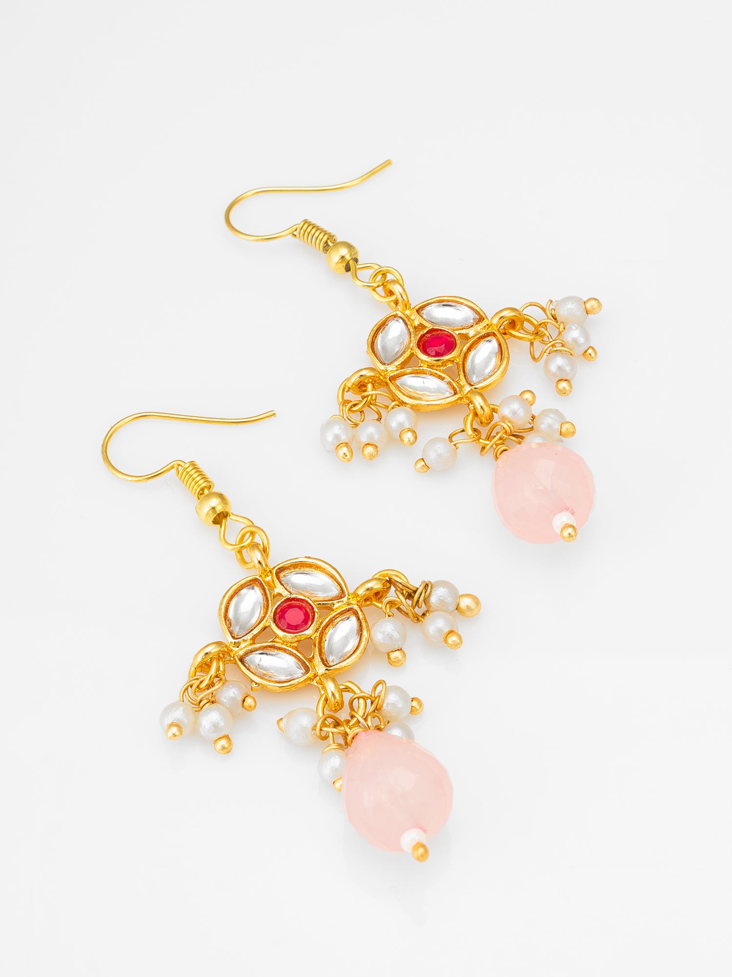 Elegant Double-Strand Pearl Necklace Set with Kundan-Style Motifs and Rose Pink Drops