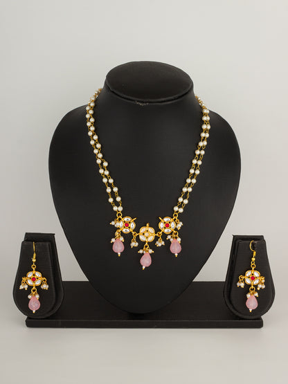 Elegant Double-Strand Pearl Necklace Set with Kundan-Style Motifs and Rose Pink Drops