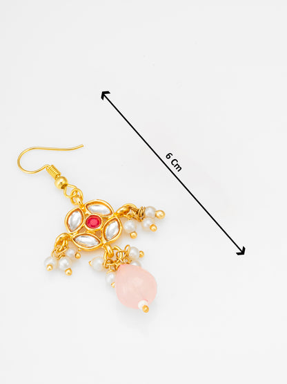 Elegant Double-Strand Pearl Necklace Set with Kundan-Style Motifs and Rose Pink Drops