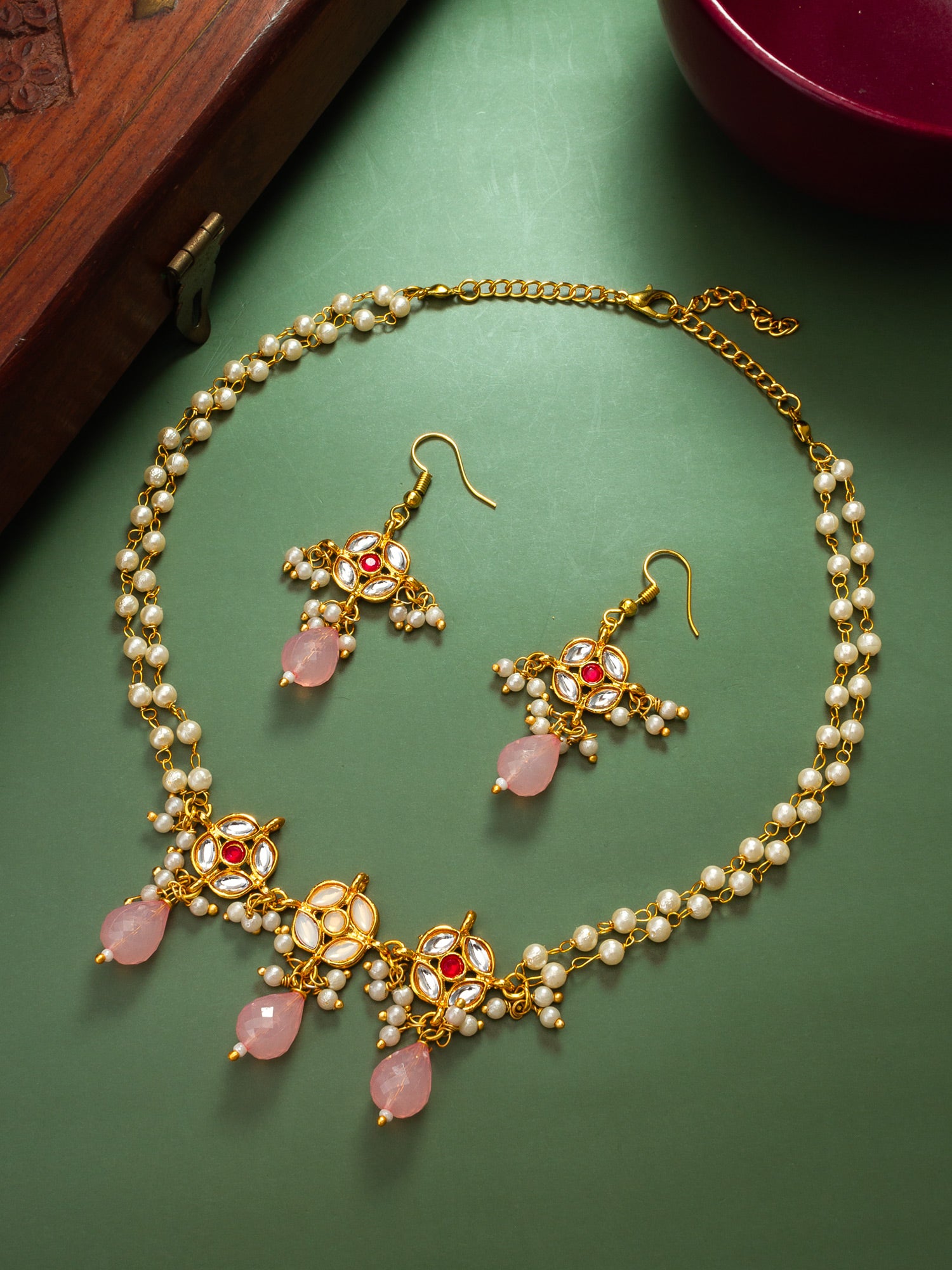 Elegant Double-Strand Pearl Necklace Set with Kundan-Style Motifs and Rose Pink Drops