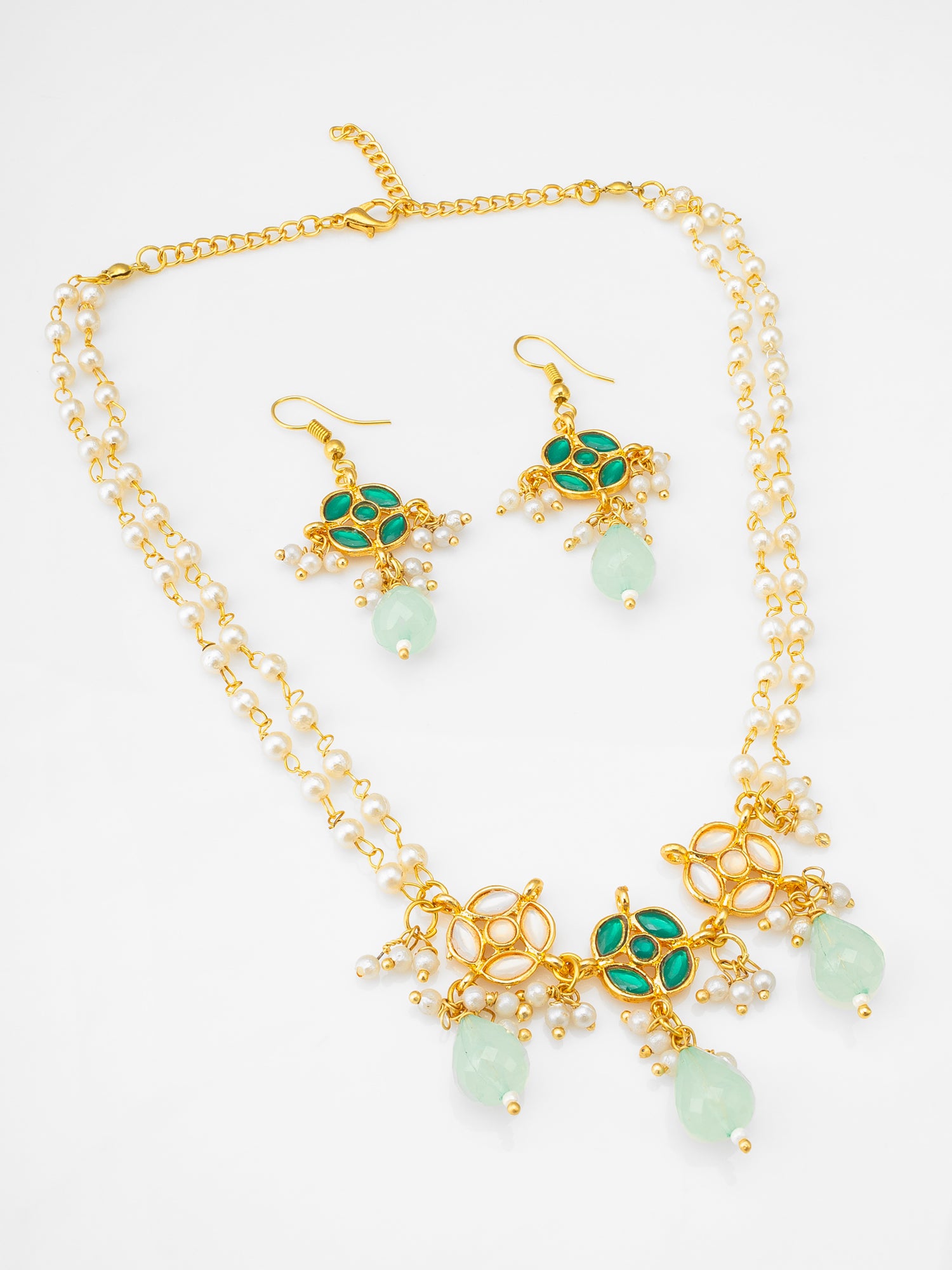 Traditional Double-Strand Pearl Necklace Set with Emerald Green Kundan Motifs and Mint Green Drops