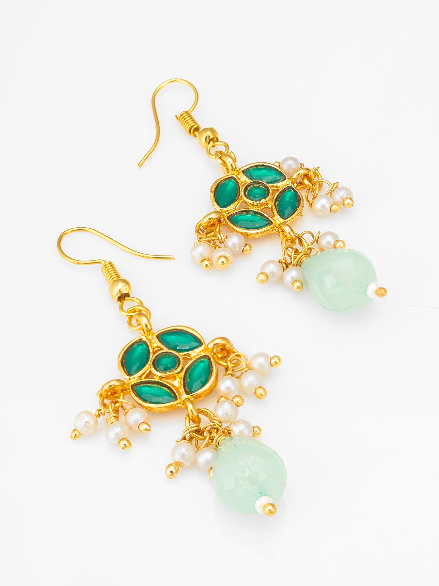Traditional Double-Strand Pearl Necklace Set with Emerald Green Kundan Motifs and Mint Green Drops