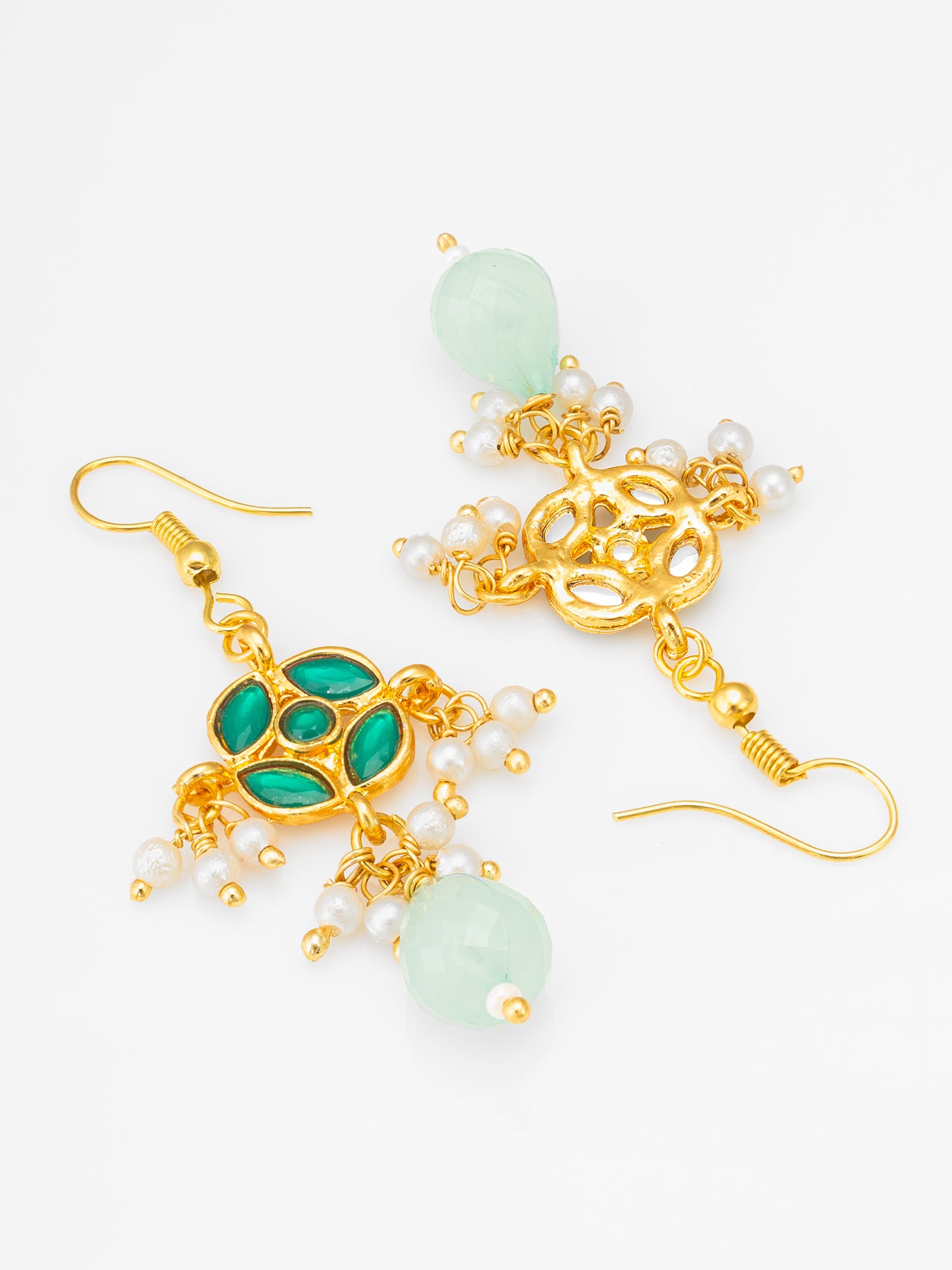 Traditional Double-Strand Pearl Necklace Set with Emerald Green Kundan Motifs and Mint Green Drops