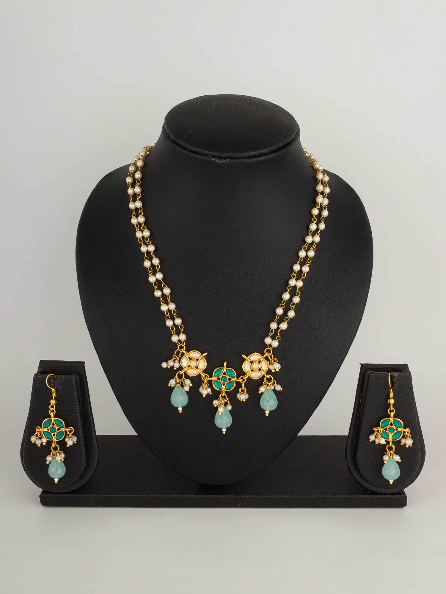 Traditional Double-Strand Pearl Necklace Set with Emerald Green Kundan Motifs and Mint Green Drops