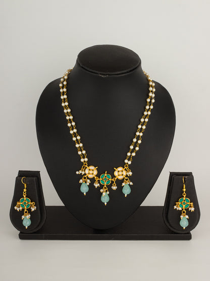 Traditional Double-Strand Pearl Necklace Set with Emerald Green Kundan Motifs and Mint Green Drops