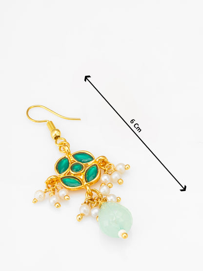 Traditional Double-Strand Pearl Necklace Set with Emerald Green Kundan Motifs and Mint Green Drops