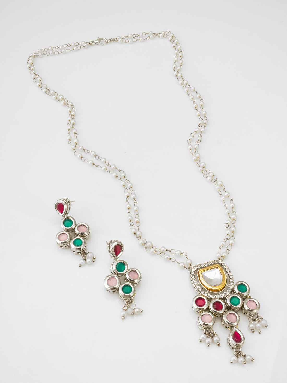 Multicolor Kundan Pendant Double-Strand Pearl Necklace Set