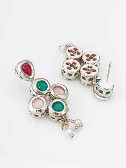 Multicolor Kundan Pendant Double-Strand Pearl Necklace Set with Matching Drop Earrings