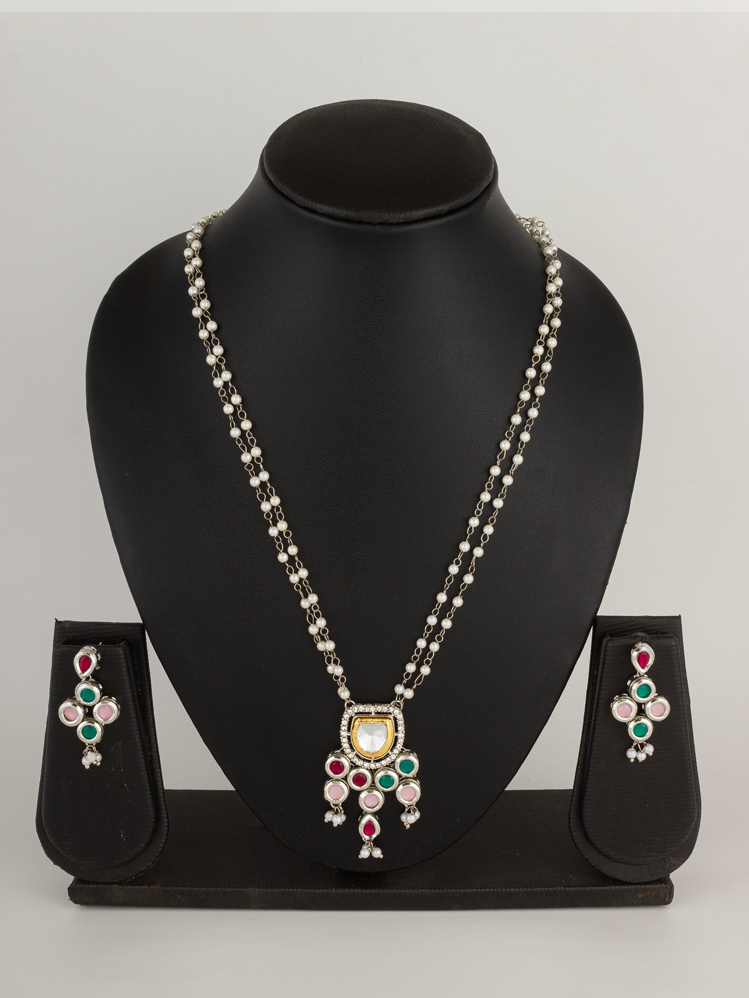 Multicolor Kundan Pendant Double-Strand Pearl Necklace Set with Matching Drop Earrings