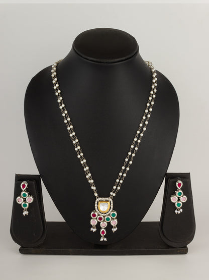 Multicolor Kundan Pendant Double-Strand Pearl Necklace Set with Matching Drop Earrings