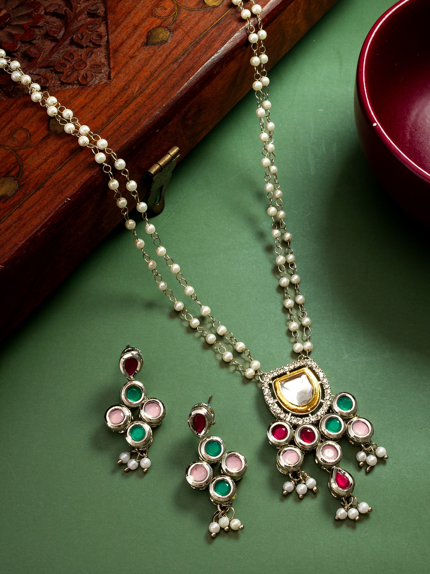 Multicolor Kundan Pendant Double-Strand Pearl Necklace Set with Matching Drop Earrings