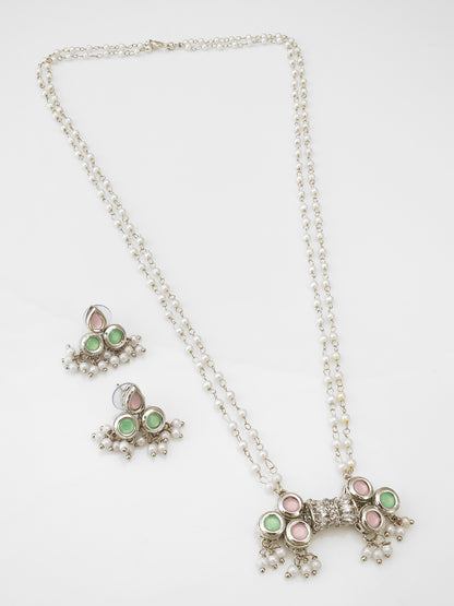 Contemporary Silver-Plated Double-Strand Pearl Necklace Set with Pastel Pink and Mint Accents