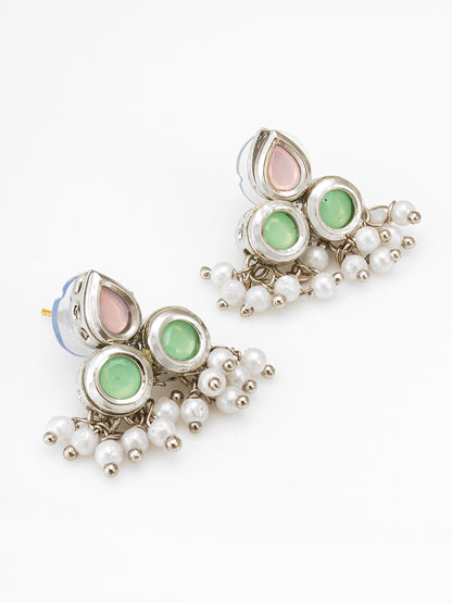 Contemporary Silver-Plated Double-Strand Pearl Necklace Set with Pastel Pink and Mint Accents