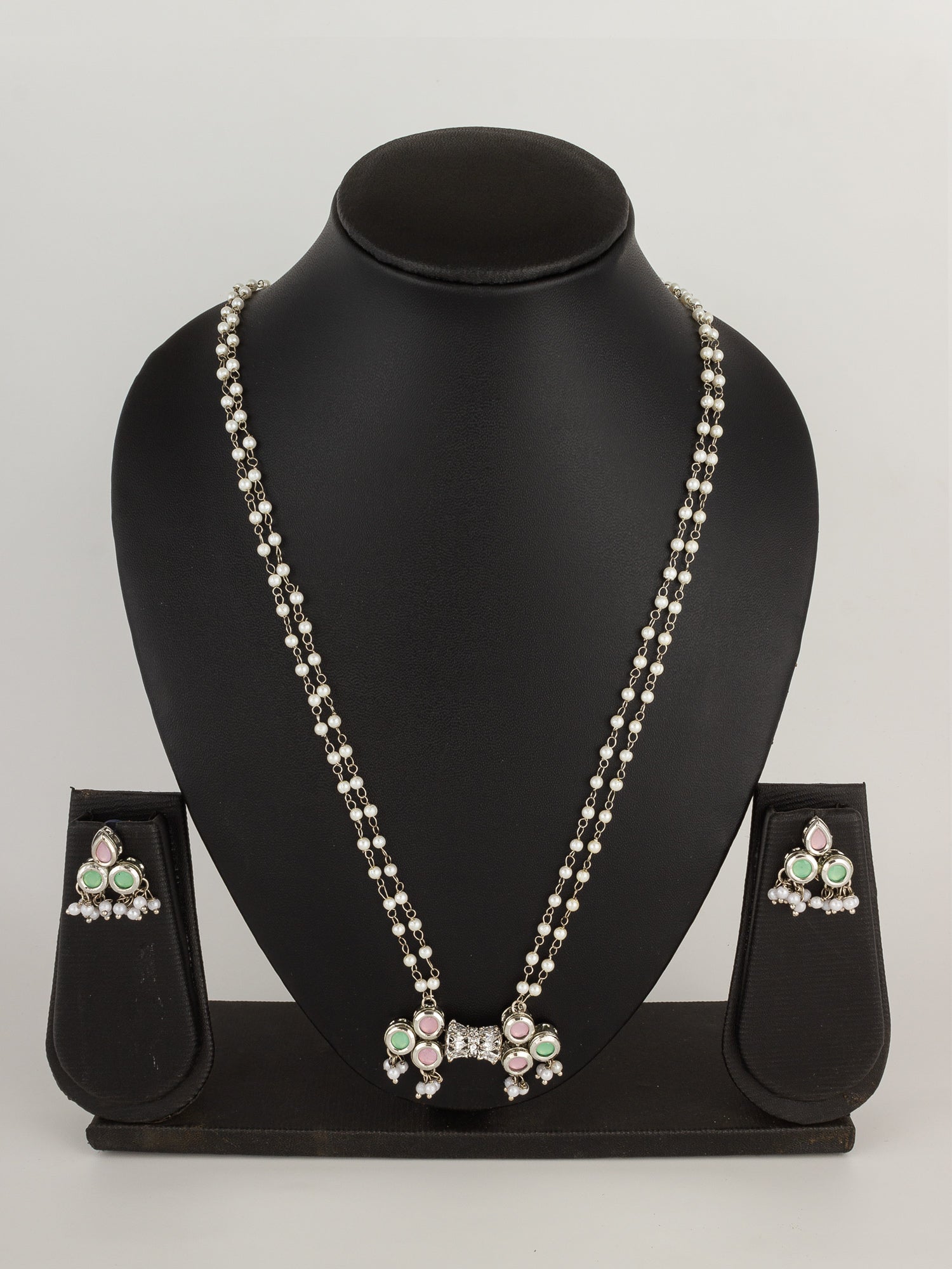 Contemporary Silver-Plated Double-Strand Pearl Necklace Set with Pastel Pink and Mint Accents