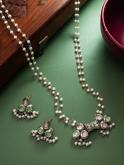 Contemporary Silver-Plated Double-Strand Pearl Necklace Set with Pastel Pink and Mint Accents
