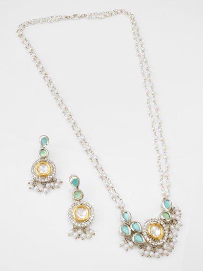 Elegant Silver-Plated Kundan and Teal-Mint Drop Pearl Necklace Set