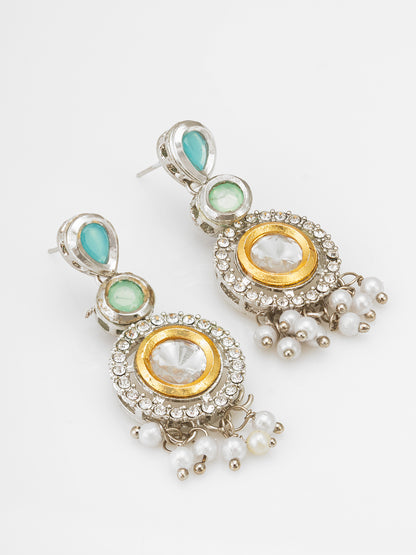 Elegant Silver-Plated Kundan and Teal-Mint Drop Pearl Necklace Set