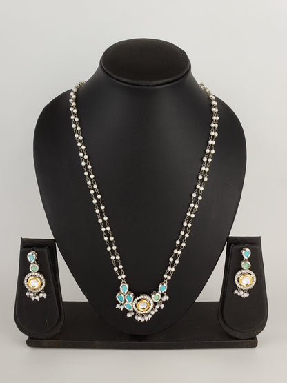 Elegant Silver-Plated Kundan and Teal-Mint Drop Pearl Necklace Set