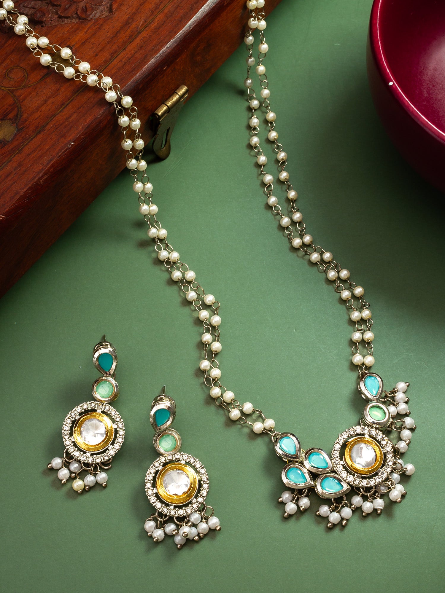 Elegant Silver-Plated Kundan and Teal-Mint Drop Pearl Necklace Set
