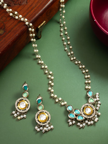 Elegant Silver-Plated Kundan and Teal-Mint Drop Pearl Necklace Set