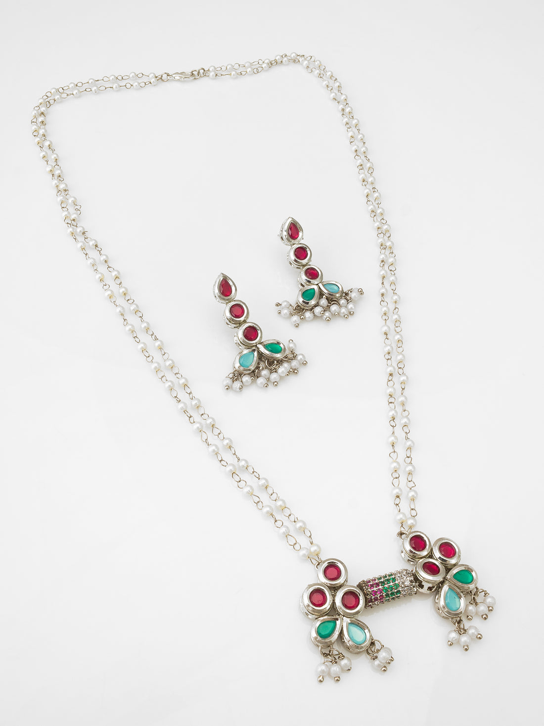 Multicolor Kundan Bow-Style Double-Strand Pearl Necklace Set