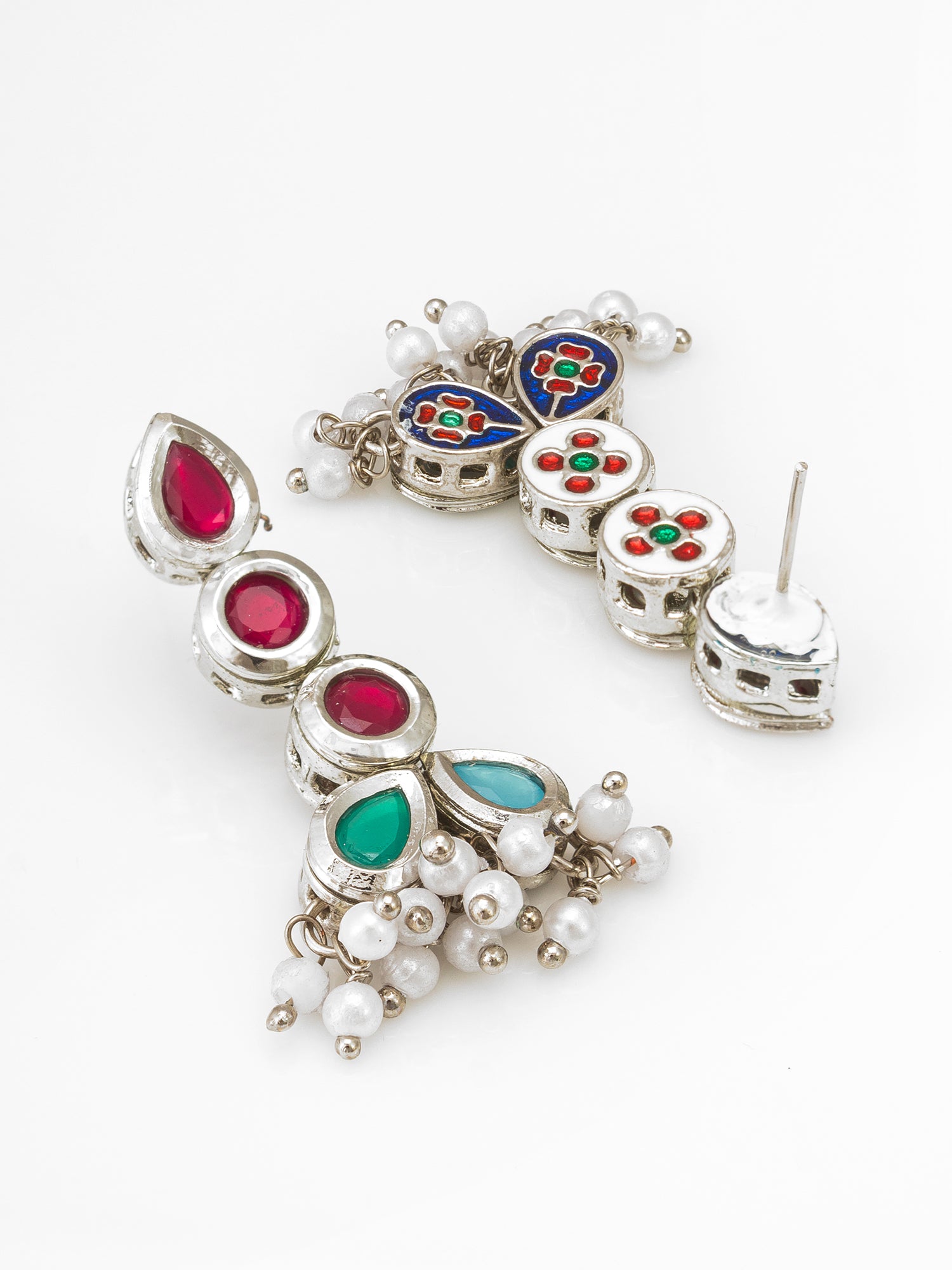 Vibrant Multicolor Kundan Bow-Style Double-Strand Pearl Necklace Set with Matching Drop Earrings