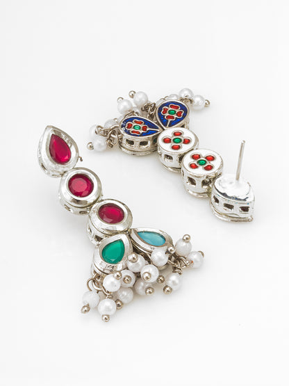 Vibrant Multicolor Kundan Bow-Style Double-Strand Pearl Necklace Set with Matching Drop Earrings