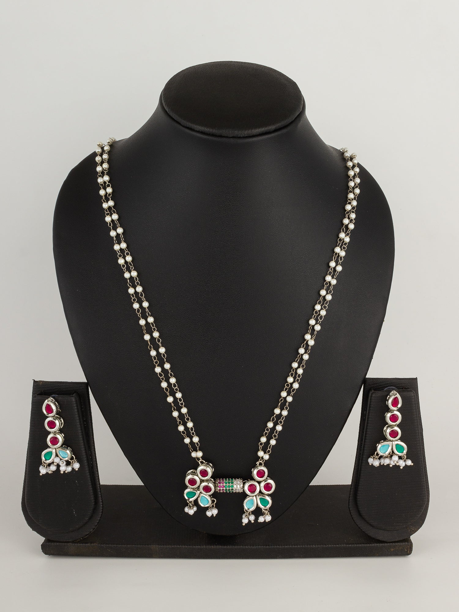 Vibrant Multicolor Kundan Bow-Style Double-Strand Pearl Necklace Set with Matching Drop Earrings