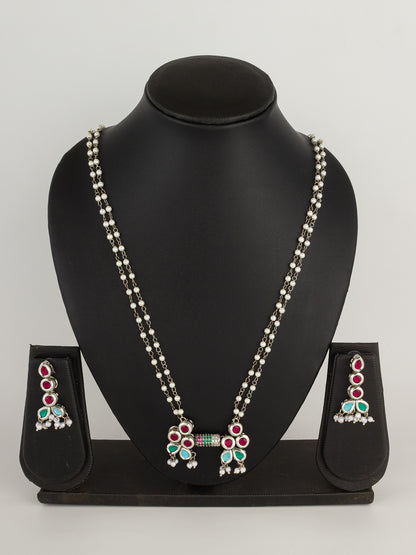 Vibrant Multicolor Kundan Bow-Style Double-Strand Pearl Necklace Set with Matching Drop Earrings