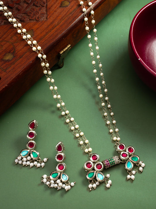 Vibrant Multicolor Kundan Bow-Style Double-Strand Pearl Necklace Set with Matching Drop Earrings