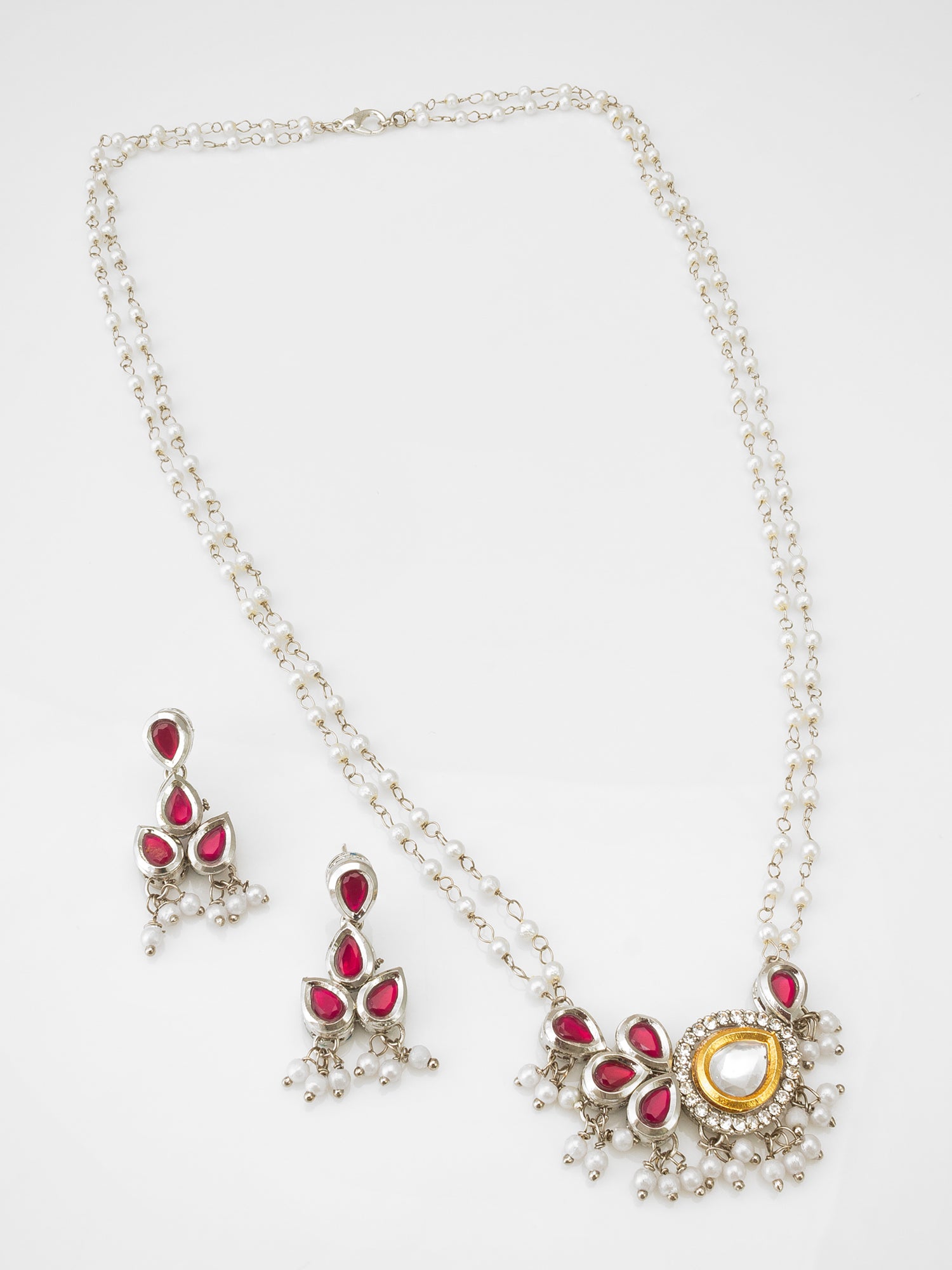 Royal Silver-Plated Kundan and Ruby Red Teardrop Double-Strand Pearl Necklace Set