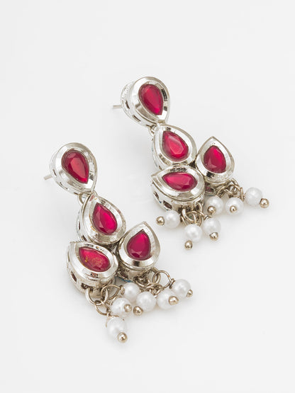 Royal Silver-Plated Kundan and Ruby Red Teardrop Double-Strand Pearl Necklace Set WNK4528