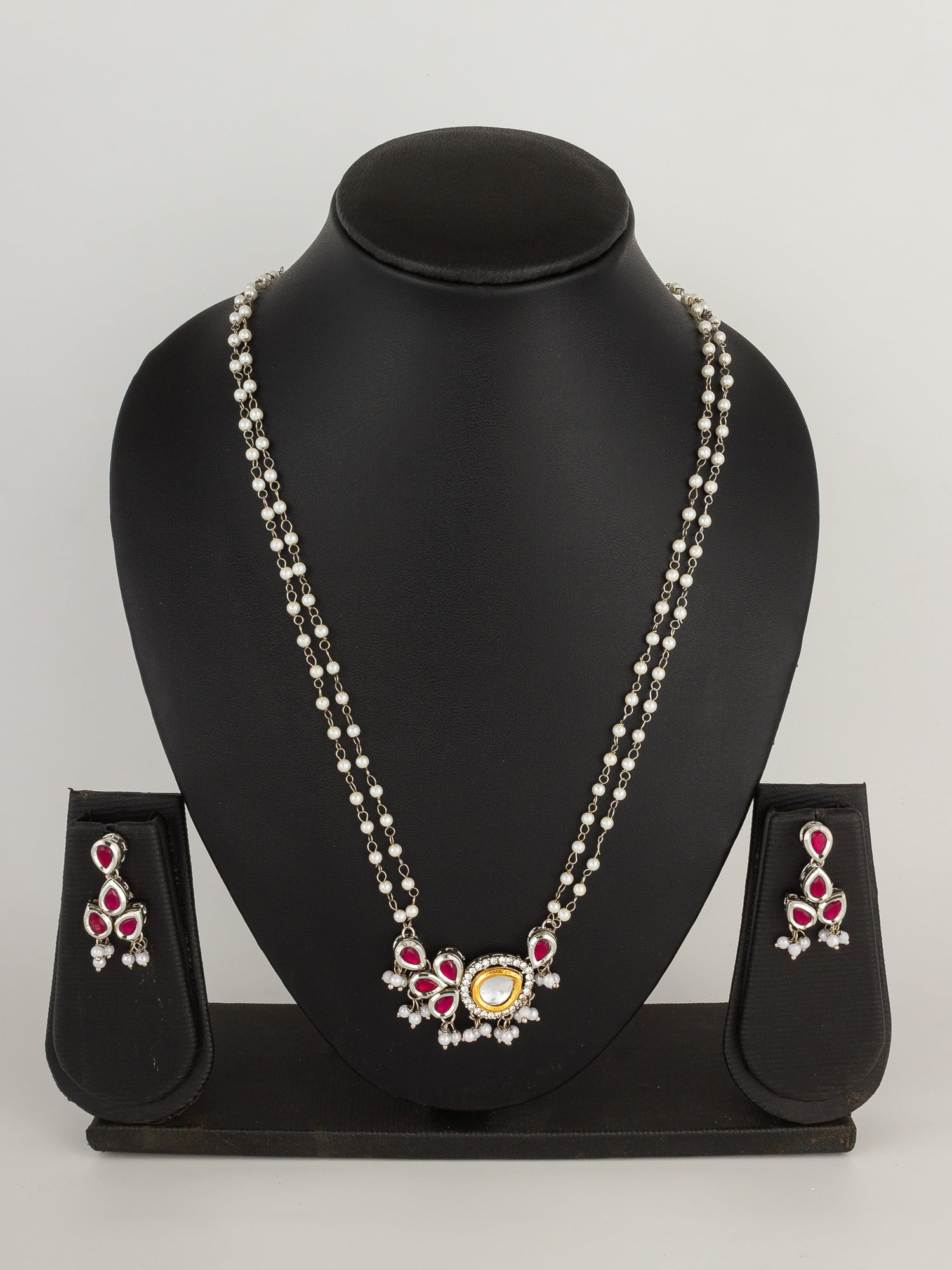 Royal Silver-Plated Kundan and Ruby Red Teardrop Double-Strand Pearl Necklace Set
