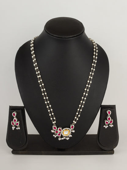Royal Silver-Plated Kundan and Ruby Red Teardrop Double-Strand Pearl Necklace Set