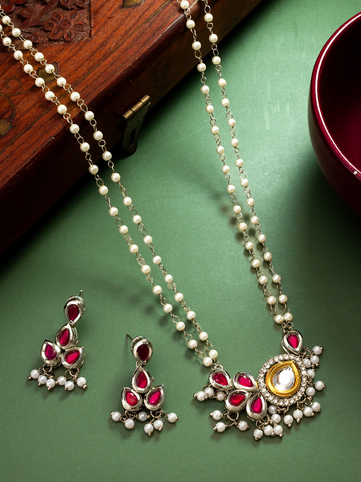 Royal Silver-Plated Kundan and Ruby Red Teardrop Double-Strand Pearl Necklace Set