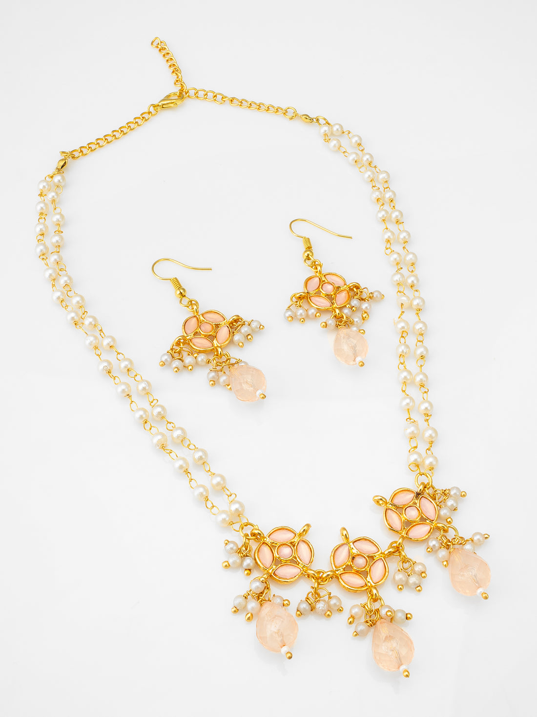 Gold-Plated Double-Strand Pearl Necklace Set with Peach Kundan-Style