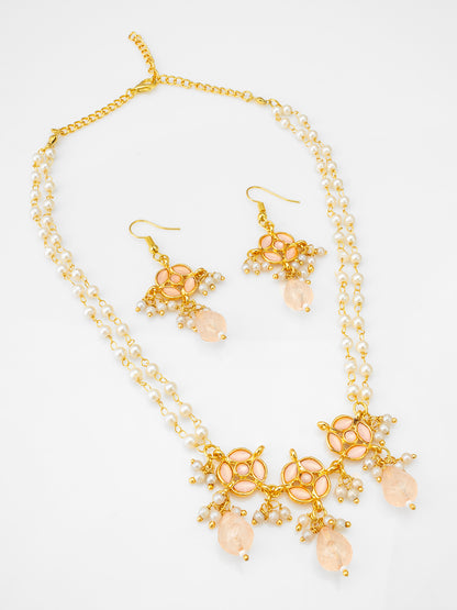 Lustrous Gold-Plated Double-Strand Pearl Necklace Set with Peach Kundan-Style Accents