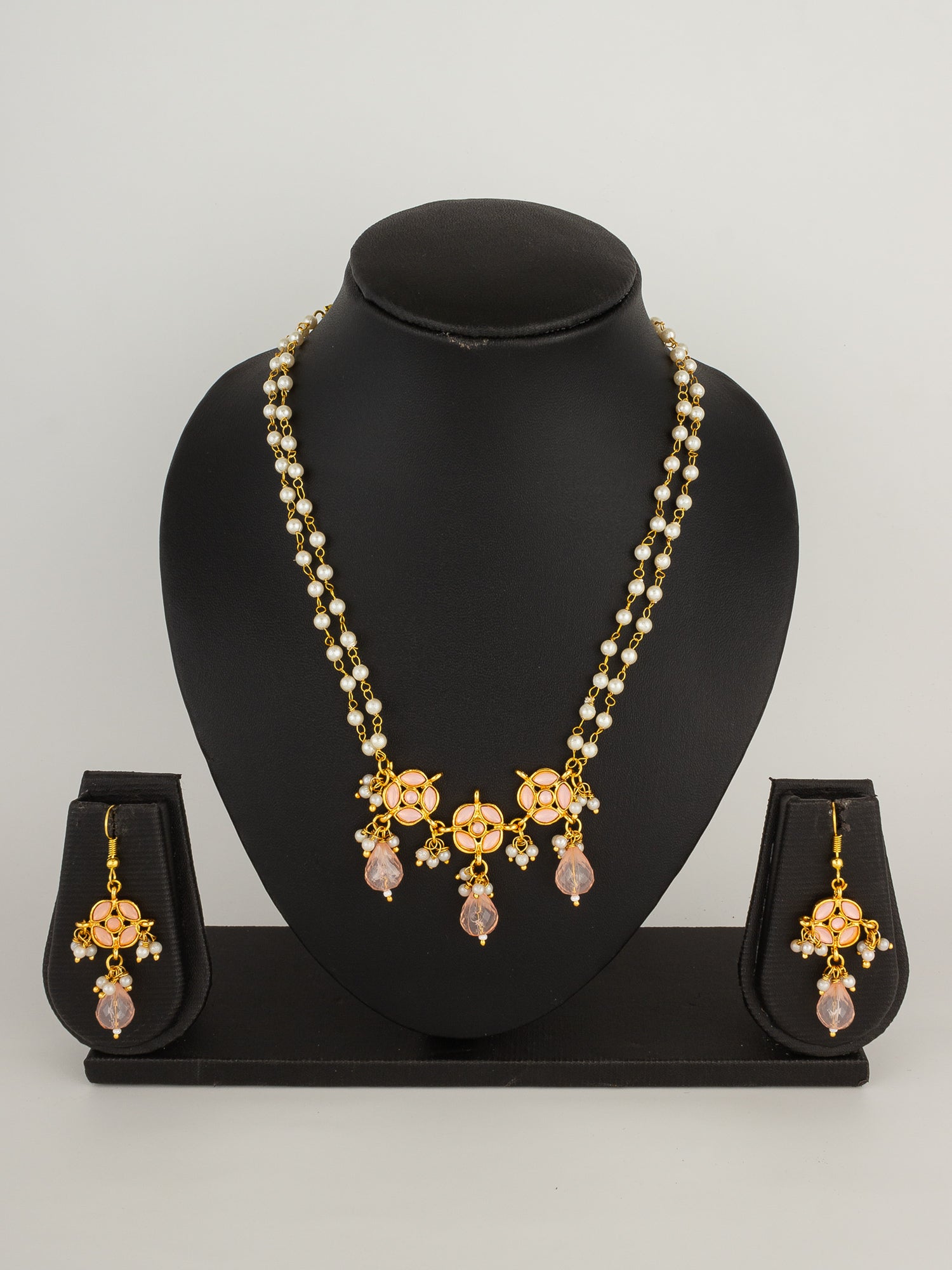 Lustrous Gold-Plated Double-Strand Pearl Necklace Set with Peach Kundan-Style Accents