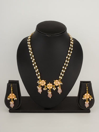 Lustrous Gold-Plated Double-Strand Pearl Necklace Set with Peach Kundan-Style Accents
