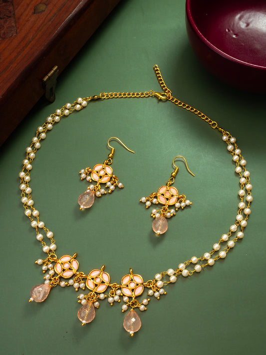 Lustrous Gold-Plated Double-Strand Pearl Necklace Set with Peach Kundan-Style Accents