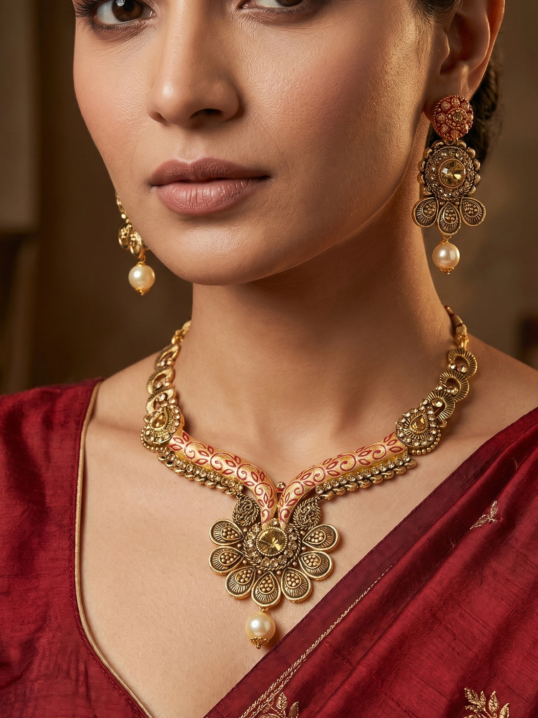 Aadita Antique Gold Floral Necklace Set with Orange Meenakari Accents, Pearl Drop and Matching Earrings