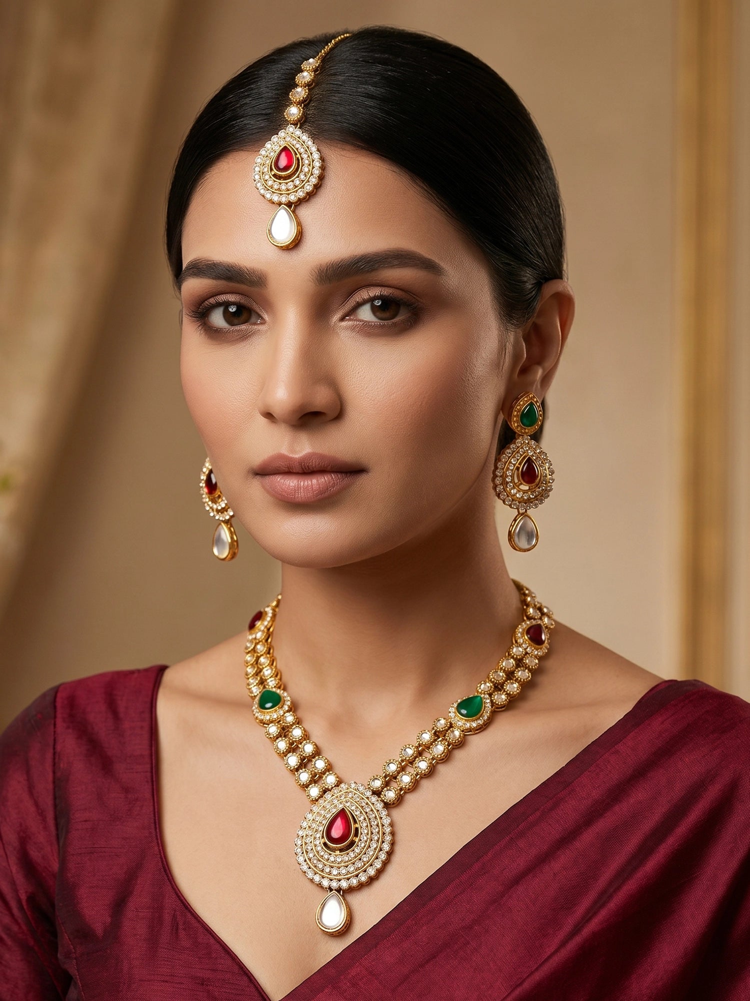 Aadita Antique Gold Kundan Necklace Set with Stones, Earrings and Maang Tikka
