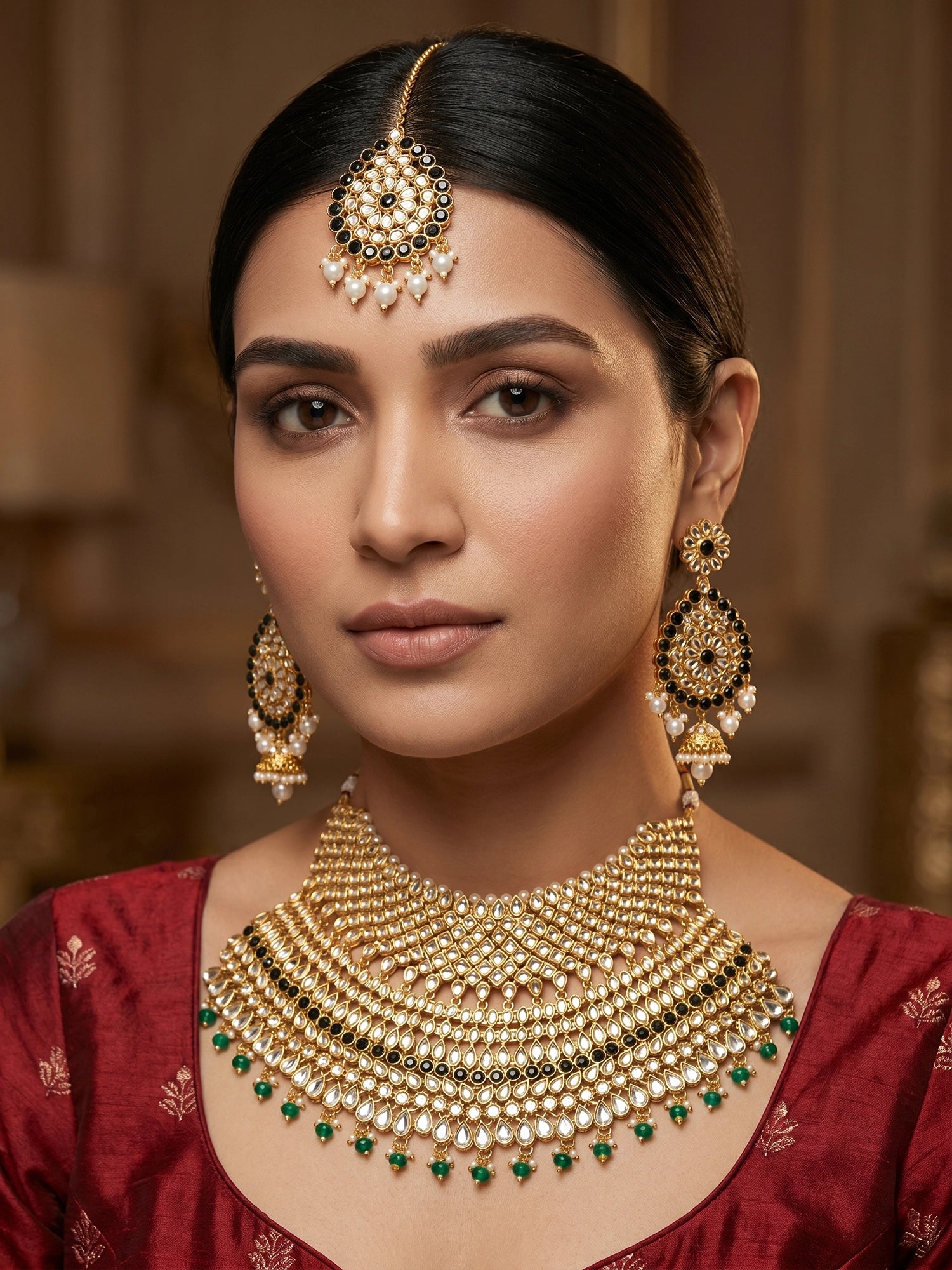 Aadita Gold Plated Traditional Kundan Pearl Drop Bridal Choker Necklace and Chandbali Earrings Set