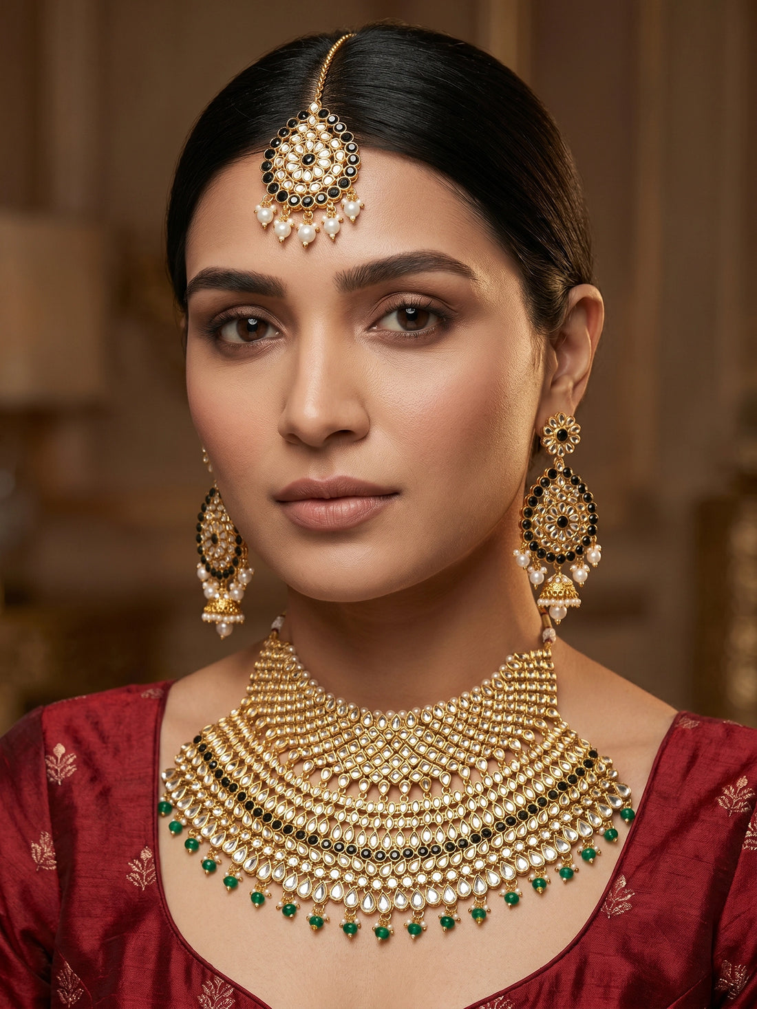 Aadita Gold Plated Traditional Kundan Pearl Drop Bridal Choker Necklace and Chandbali Earrings Set
