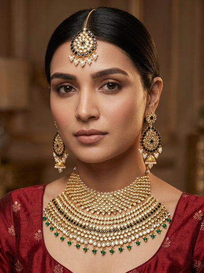 Aadita Gold Plated Traditional Kundan Pearl Drop Bridal Choker Necklace and Chandbali Earrings Set