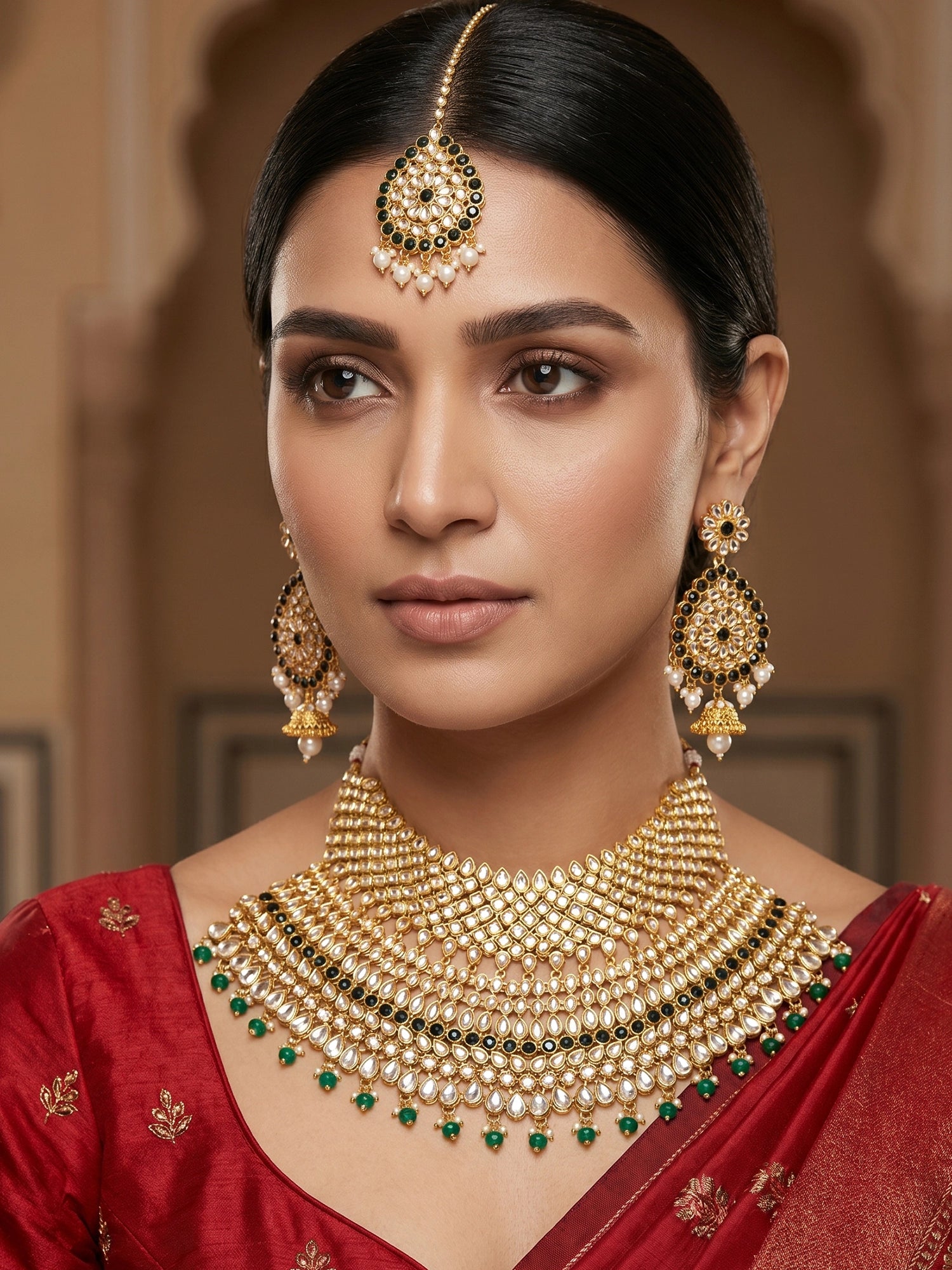 Aadita Gold Plated Traditional Kundan Pearl Drop Bridal Choker Necklace and Chandbali Earrings Set