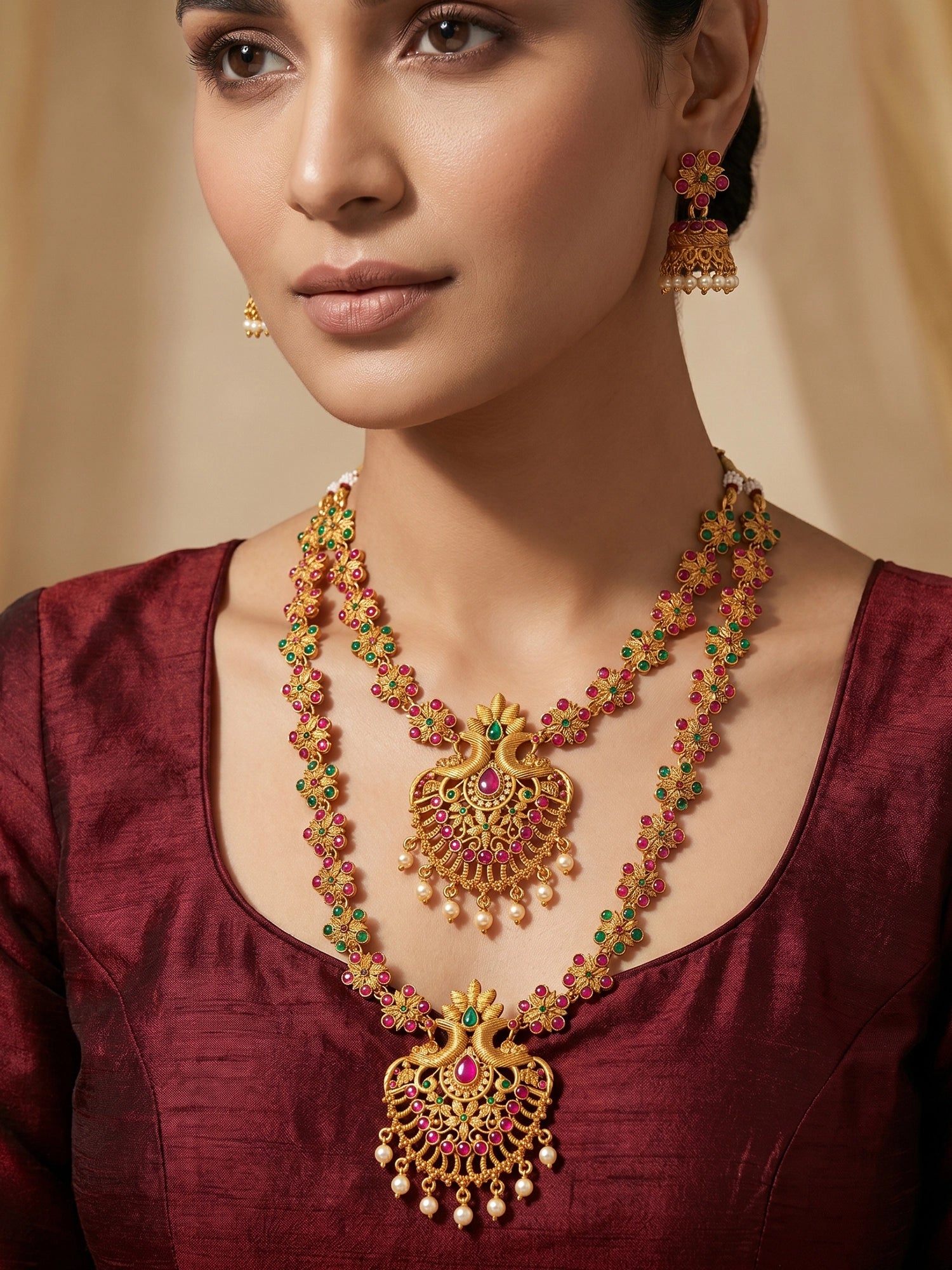 Aadita Traditional Temple Haram Dual Necklace Set With Stones And Jhumka Earrings
